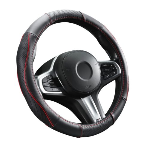 DW-5056R-42 42CM Valódi bőr kormányvédő szellőző lyukacsos  Piros betétes mintával 