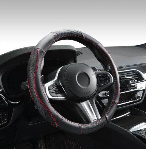 DW-5056R-42 42CM Valódi bőr kormányvédő szellőző lyukacsos  Piros betétes mintával 