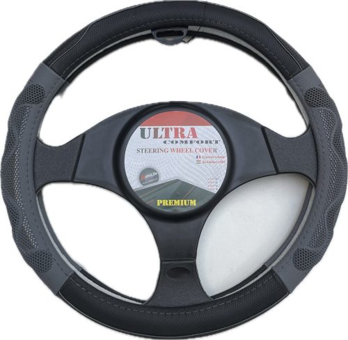 Genuine Leather Valódi bőr kormányvédő 38cm fekete-szürke DW-5002GRAY