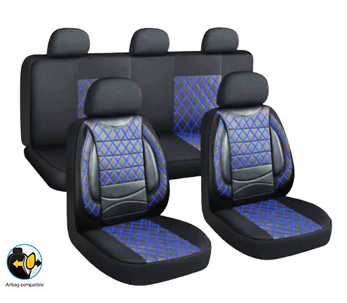 01075 11-teiliges universelles Sitzbezug-Set - 2-fach geteilt, Airbag-kompatibel - schwarz-blau 203-2BL