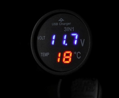 13207 USB-Autoladegerät mit Voltmeter und LCD-Digitalthermometer, Zigarettenanzünder-Anschluss 12/24V