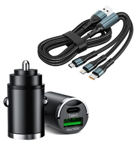  Autós gyorstöltő + 3in1 gyorstöltő kábel - 2 portos MAX 100W-os autós gyorstöltő adapter - 12/24V – USB-A + USB-C (PD/QC)