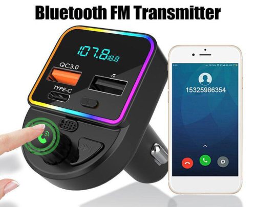 FM/Bluetooth transmitter - QC3.0USB+TYPE-C+voltmérő - P12 - 12/24V