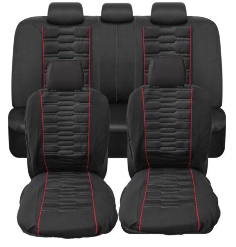 9-teiliges universelles Sitzbezug-Set mit Airbag – Schwarz mit roten Streifen