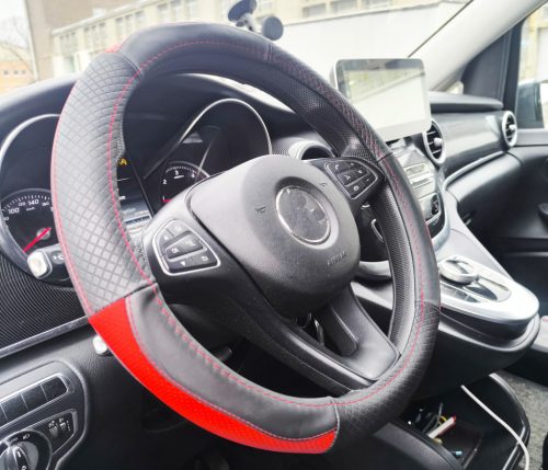 Valódi bőr kormányvédő 38cm fekete-piros