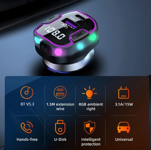  C49 Bluetooth kihangosító 5.3+EDR RGB - FM/Transmitter - 12/24V